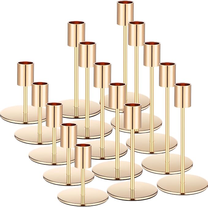 Sieral Candle Holders Bulk Taper Candlesticks Holders Set Modern Decorative Metal Candelabras for Wedding Anniversary Home Dinning Table Centerpiece Xmas Party Decor(Gold,15 Pcs)