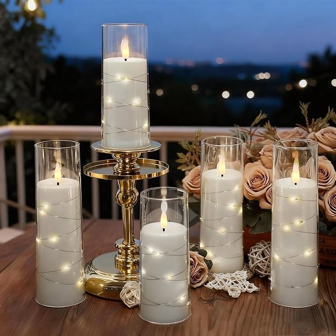 Raycare Flameless Candle with Remote Timer – 9 Flickering Acrylic Battery Operated LED Pillar Candles with Embedded Star String for Christmas, Wedding, Home Table Decor, and as a Gift (White)