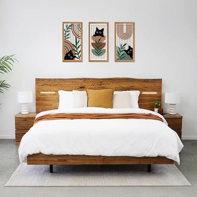 IARTTOP Black Cat Wall Art 3 Pcs Boho Mid Century Modern Wood Wall Decor Abstract Geometric Bohemian Cat Hanging Decor for Farmhouse Bedroom Living Room 7.9 x 15.8 Inch