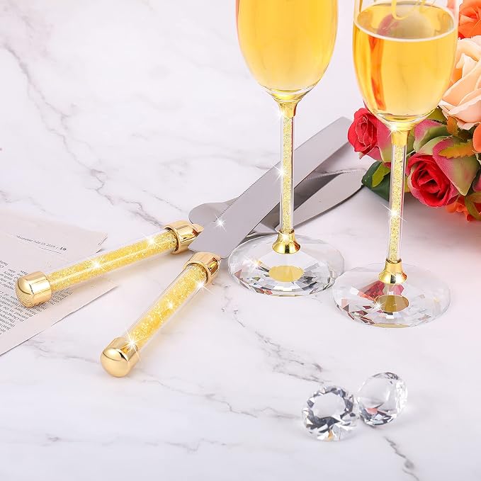 Boao 4 Piece Wedding Cake Knife and Champagne Flutes Server Set Mr and Mrs Toasting Flutes Crystal Rhinestone Cake Cutting Set for Bride and Groom Wedding Engagement Bridal Shower Gifts(Gold)