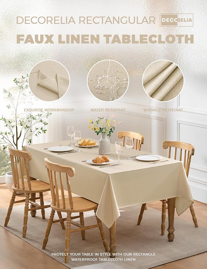 Decorelia Faux Linen Rectangle Tablecloth for Dining Room,Outdoor Coffee Wrinkle Resistant Washable Table Cloth Covers for Kitchen, Picnics, Party,(Oblong,52 x 70 Inch (4-6 Seats), Beige)