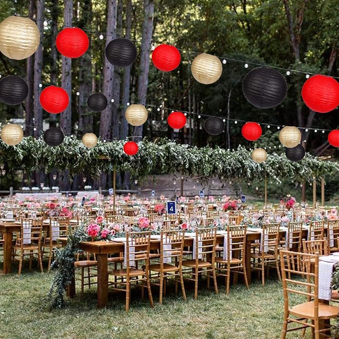 Paper Lanterns Decorative, Round Hanging Paper Lanterns Decorations for Wedding Graduation Anniversary Birthday Party Supplies Black/Gold/Red 15pcs