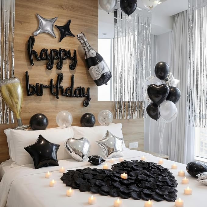 Realspring 175 Pcs Black Happy Birthday Balloons Decorations Set Black and Sliver Birthday Letters Banner with LED Candle Star Balloons 5000 Rose Petals for Surprise Party Room Decor Men Women