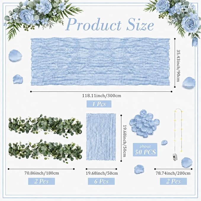 Cinrobiye 11PCS Boho Cheesecloth Table Runner Set with Rose Petals, 120'' Gauze Table Runner, Wrinkled Napkins, Eucalyptus Garland and String Lights for Wedding Baby Shower Tea Party Decorations