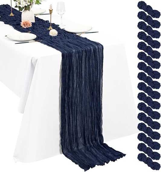 Pesonlook 16 Pack Cheesecloth Table Runner, 10Ft Boho Gauze Table Runner 35×120 Inch Rustic Romantic Long Table Runner for Wedding Party Bridal Shower Thanksgiving Christmas Decoration(Navy Blue)