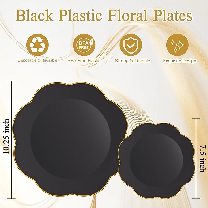 60pcs Black Disposable Plates with Gold Rim Heavy Duty Scalloped Plastic Birthday Plates Wedding Disposable Dinnerware Includes: 30 Dinner and 30 Dessert Plate,Perfect for Party Ceremony and Camping