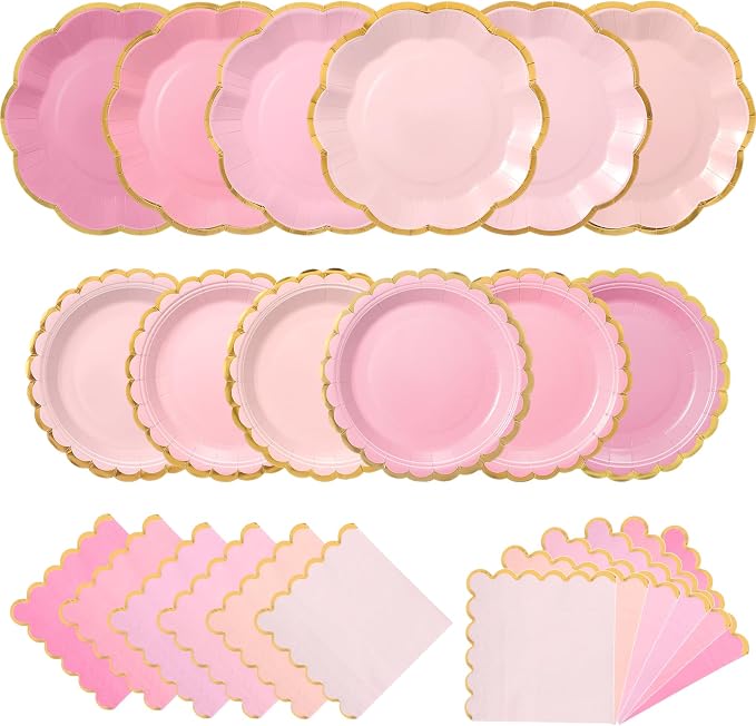 144 Pcs 48 Guests Pink Paper Plates and Napkins Party Supplies Gradient Pink Scalloped Plates with Gold Rim 9 Inch 7 Inch Disposable Dessert Party Decoration for Wedding Birthday Baby Shower