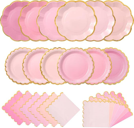 144 Pcs 48 Guests Pink Paper Plates and Napkins Party Supplies Gradient Pink Scalloped Plates with Gold Rim 9 Inch 7 Inch Disposable Dessert Party Decoration for Wedding Birthday Baby Shower