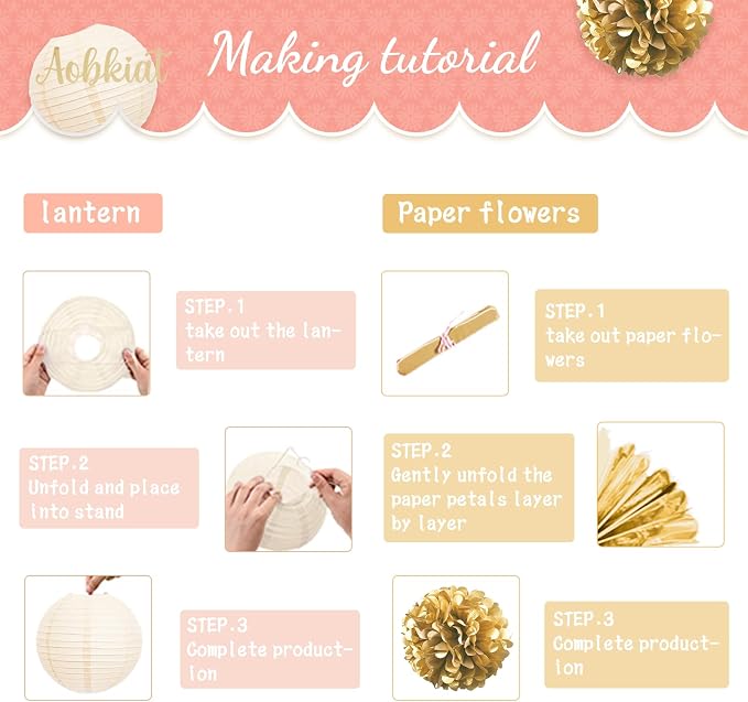 AOBKIAT Birthday Party Decorations Set for Girls Women,12PCS Pink Gold Tissue Paper Pom Poms Lanterns Flowers,for Engagement,Wedding,Baby Shower,Bridal Shower,Girl Party