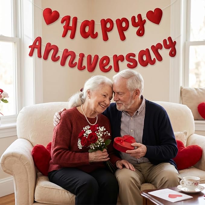 Mindsoft 2 Pcs Pre-Strung 3D Felt Red Happy Anniversary and Heart Garland Banner Reusable Romantic Decorations Happy Anniversary Sign for Wedding Party Decorations Photo Props