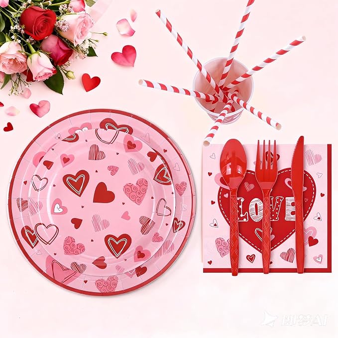 Valentine's Day Heart Love Disposable Tableware Set 194 Pcs Serves 24, Romantic Paper Plates Cups Napkins Forks Spoons Knives for Valentine’s Day Party, Wedding Reception, Anniversary Dinner Supplies