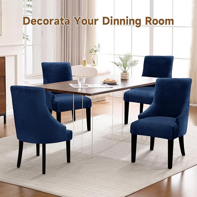 Velvet Wingback Dining Chair Cover Soft Stretch Accent Chair Cover Slipcover Thick Plush Wing Back Chairs Covers Furniture Protect Washable Chairs Protector Covers for Dining Room (Deep Blue, 2)