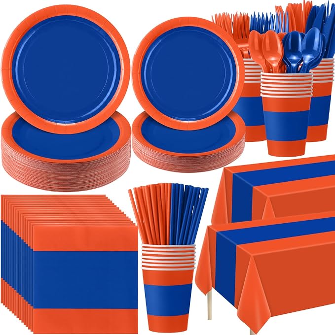 Funnymoom 452 Pcs Blue and Orange Party Supplies for 50 Guest, Blue Orange Paper Plates Cups Napkins Tablecloth Cutlery Straw Tableware Set for Graduation Birthday Retirement Wedding Party Decoration