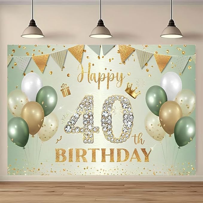 Sage Green Happy 40th Birthday Backdrop Green Gold Balloons Gold Glitter Dots Background Anniversary Decorations 40th Birthday Sign for Men Women Cake Table Supplles (B, 9X6FT)