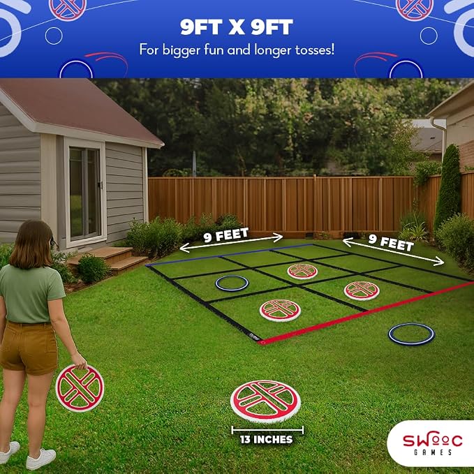 Swooc Games® - Fling Tac Toe™ (9ft x 9ft) Giant Tic Tac Toe Game Outdoor | Weatherproof Giant Outdoor Games for Adults and Family | Large Backyard Games for Kids | Jumbo Outside Yard & Lawn Game
