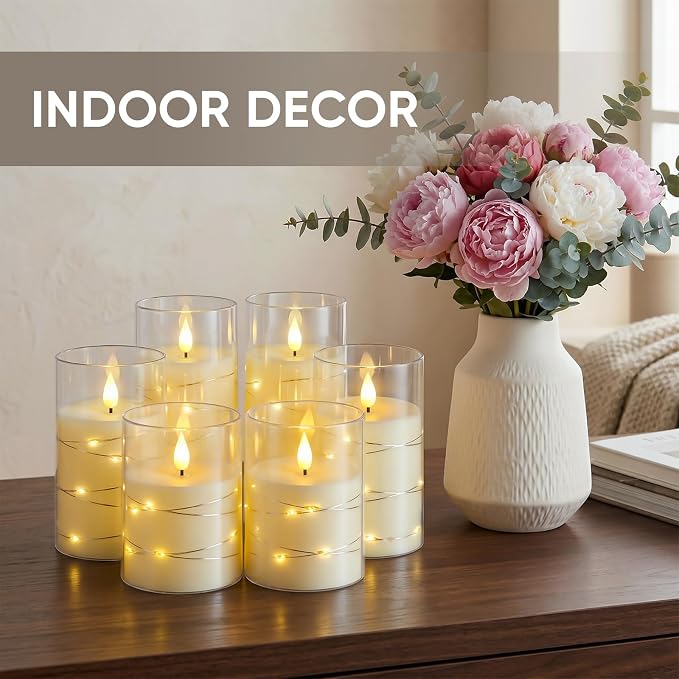 Amagic LED Flameless Candles, Battery Operated Candles with Embedded Fairy Lights, Acrylic Fake Candles with Remote and Timer for Wedding Home Decor, Ivory White, Set of 6, D3 x H4 5" 6"
