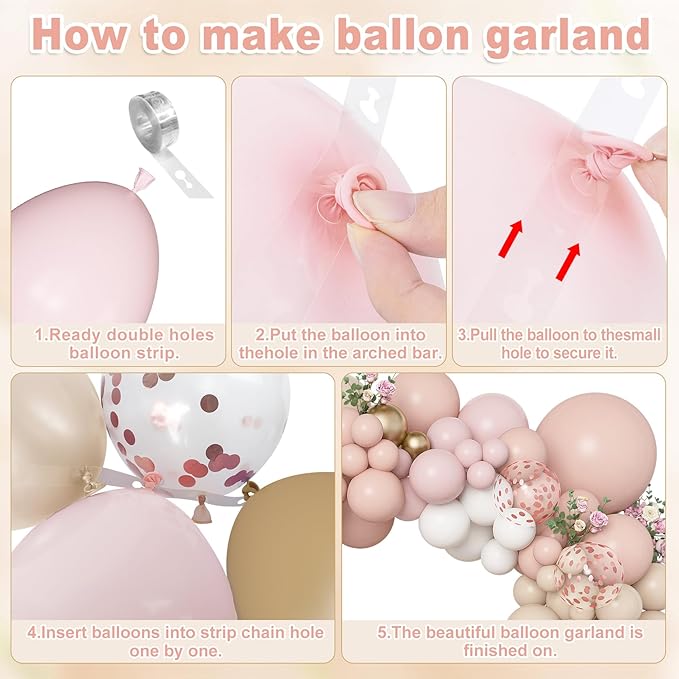Amandir 173Pcs Boho Dusty Pink Balloon Arch Garland Kit, Neutral Baby Pink Ivory White Sand Nude Rose Gold Confetti Balloons for Monther Day Shower Gender Reveal Wedding Birthday Party Decorations