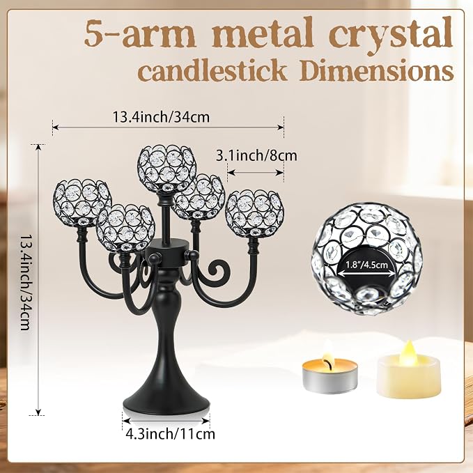 5 Arm Metal Crystal Candelabra Centerpiece - 13.4 Inch Elegant Candle Holder with Crystal Beads for Wedding Party Christmas Home Dining Table Decoration (1, Black)