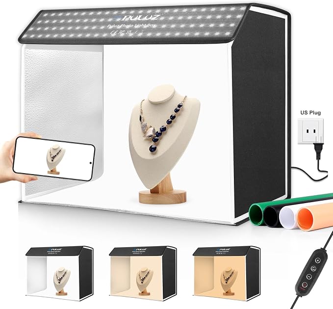 PULUZ 24x16 Inch Professional Photo Light Box with 672 LED Dimmable Lights, 3000K-6500K Dimmable Temperature, Portable Shooting Tent Kit with 4 Backdrops for Product Photography