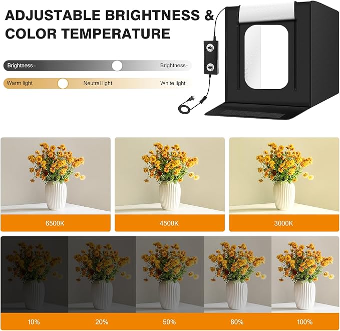 Light Box Photography 20"x20" with 160LED Lights and 4 Color Backdrops Photo Box with Lights, Foldable Light Box with Adjustable Brightness, 3000-6500K Dimmable Portable Picture Box Shooting