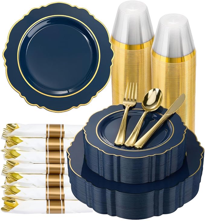 realluck 350 Piece Navy Blue Plastic Dinnerware Set for 50 Guests Elegant Disposable Dinnerware for Weddings, Parties, 100 Plastic Plates, 50 Pre Rolled Napkins with Silverware, 50 Cups
