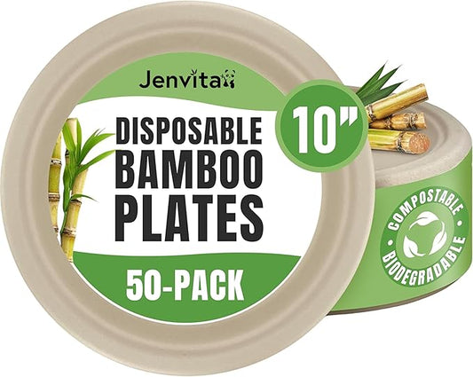 Bamboo Paper Eco Disposable Plates (50-Pack, 10-inch) | Sturdy & Microwave Safe | Heavy Duty Eco Friendly Small Plates | PFAS Free, Biodegradable | FSC Certified Alternative to Plastic