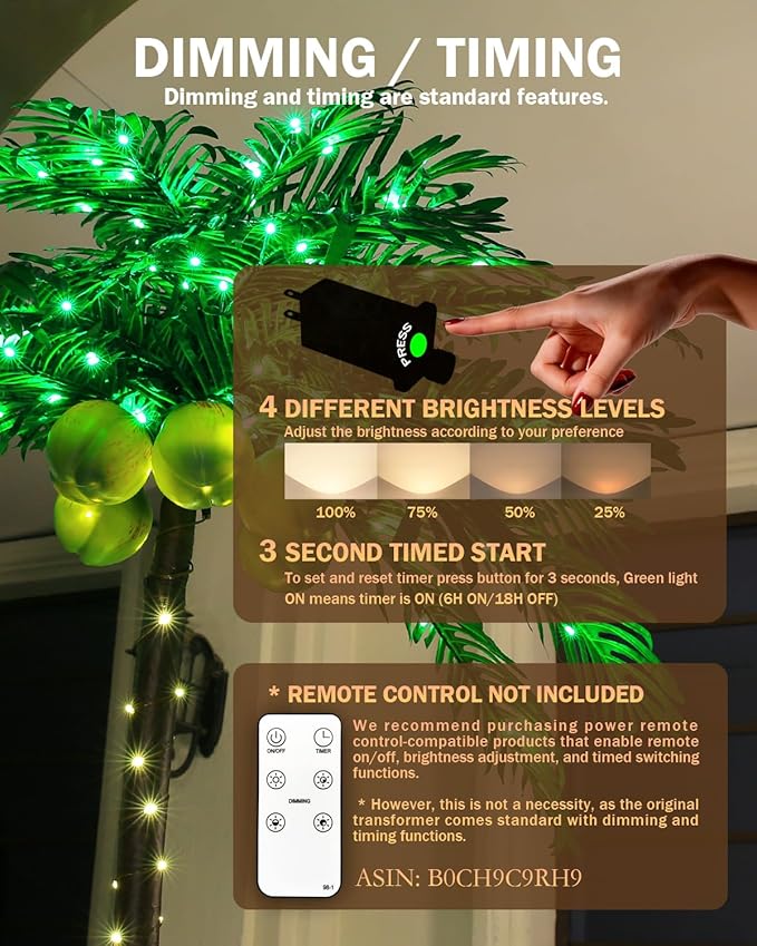 TYBEEU 7ft Lighted Palm Tree with 208 LED Lights & Glowing Coconuts, Dimmable, Decorative Artificial Tree for Indoor & Outdoor Use, Perfect for Home, Garden, Patio, Summer, Tropical Party & Holiday