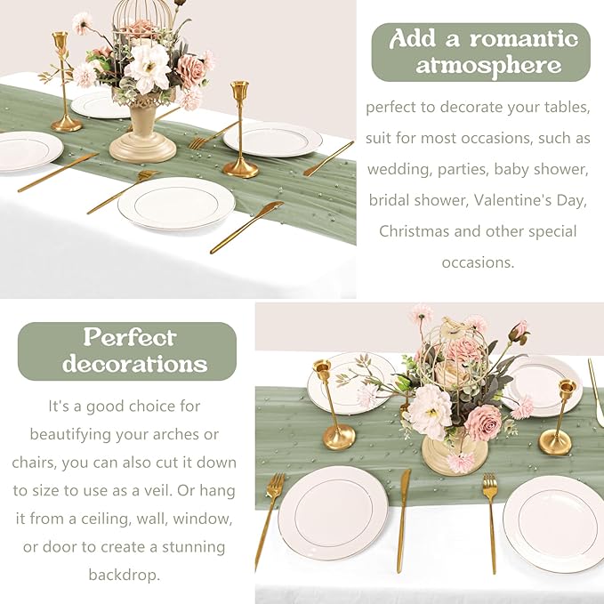 12 Pack 10FT Pearl Table Runner 30x120 Inch Sage Green Tulle Fabric Boho Rustic Sheer Table Runners Lace Table Cloth for Wedding Bridal Shower Birthday Party Arch Veil Dessert Table Decor (Sage Green)