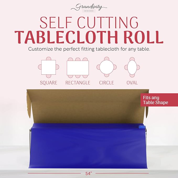 Grandipity Plastic Tablecloth Roll - 54in x 300 Ft. Blue Plastic Table Cloths for Parties Disposable with Cutter Box - Cut to Size Disposable Tablecloth Table Cover for Rectangle & Round