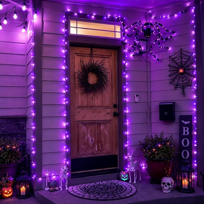 YEGUO Battery Operated String Lights, 2 Pack Each 33ft 100 LED Twinkle Fairy Lights Outdoor Waterproof, 8 Modes Clear Wire Purple Christmas Lights Indoor with Remote