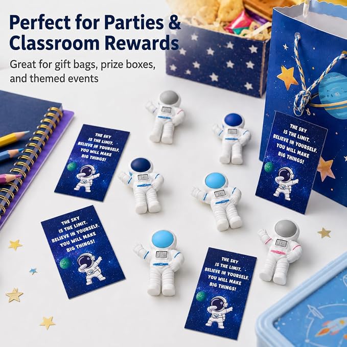 24 End of Year Graduation Gifts, Space Desk Pets for Classroom Rewards, Astronaut Erasers with Inspirational Gift Tags, Prize Box Fillers, Student Incentives & Space Party Favors