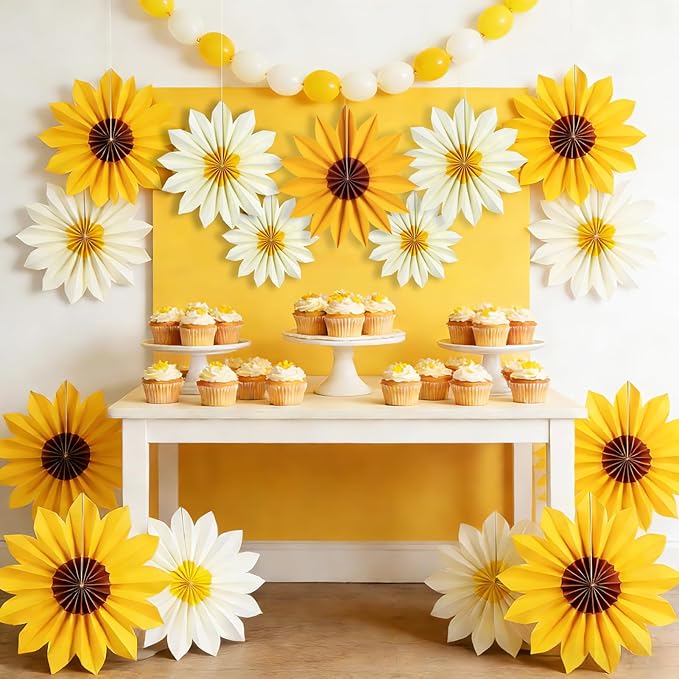 PAPER JAZZ Sunflower Party Decorations Sunflower Bithday Paper Fans Bulletin Board Decor, Yellow Tissue Flowers Wall Decorations Hanging Sun Flower Theme Party Supplies Baby Shower.