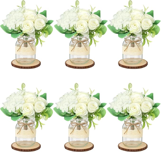 Set 6 Mason Jar Table Centerpiece - Wedding Centerpieces for Tables, Mason Jar Flower Centerpiece Vases Decor- Boho Farmhouse Rustic for Engagement, Bridal Shower, Wedding, Versatile Decor (White)
