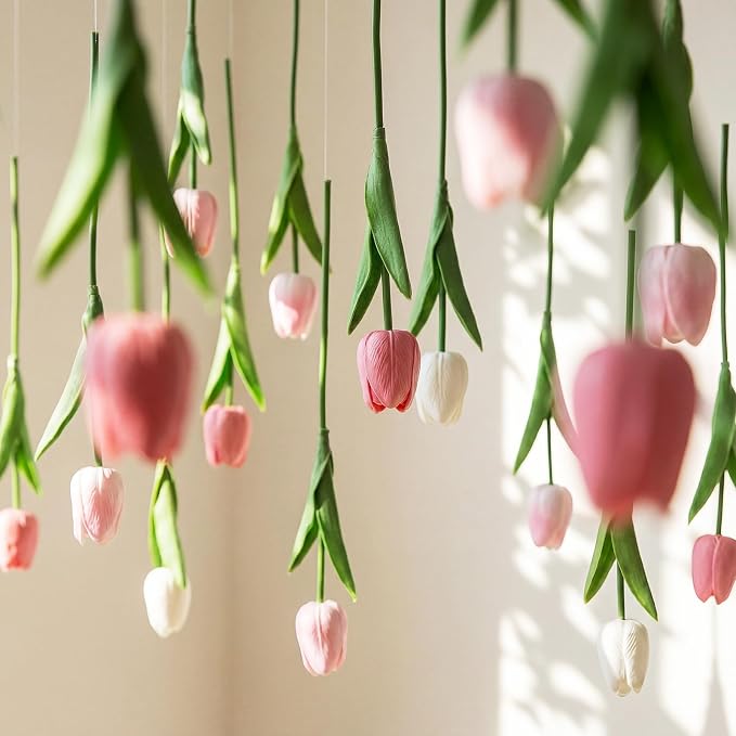 12 Pack 3 Colors 5 ft Artificial Tulips Hanging Flower Garland Decorations Spring Summer Dangling Faux Tulip Floral Vine Strings with Hooks for Wall Ceiling Wedding Tea Party