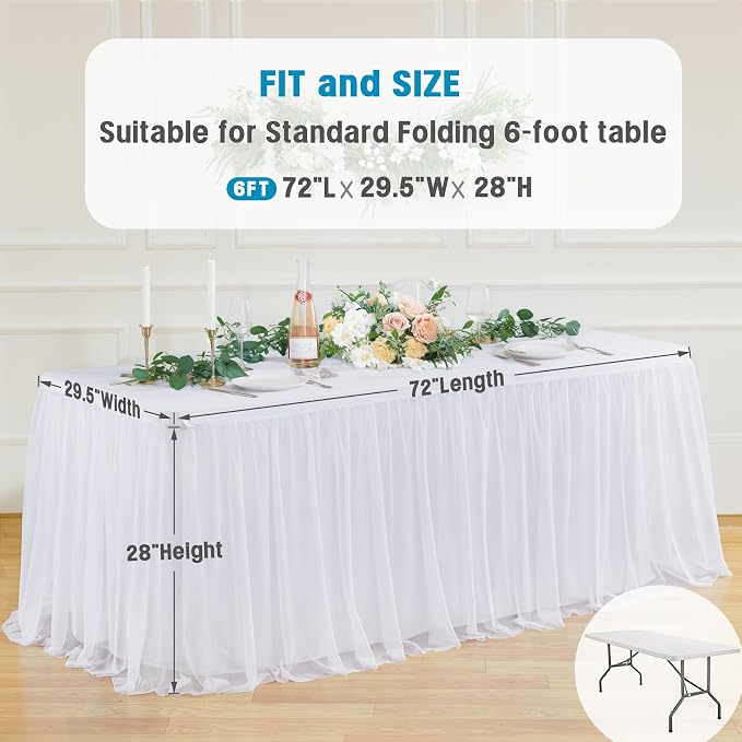 Suppromo 6 Pack White Tulle Tablecloths for 6 Foot Rectangular Tables, 72 x 30 Inch White Rectangle Table Cloth, Wrinkle Free Table Cover with Tutu Skirt for Wedding Birthday Party Banquet
