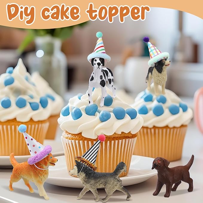 Colingmill 18 Pcs Dog Birthday Party Decorations Mini Birthday Hat Animal Figure Model Cake Toppers with Mini Hat for Birthday Party, Animals Themed Party