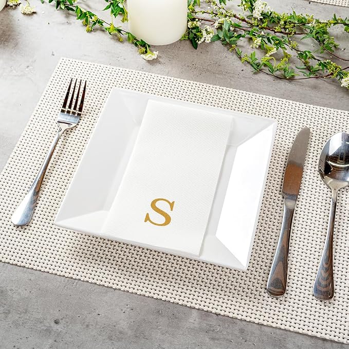 Luxenap 15.8 X 7.9 Inch Linen-Feel Guest Towels, 2000 Lettered Hand Towels - Gold Letter 'S', Sans Serif Font, White Paper Dinner Napkins, airlaid, For Restrooms And Tables