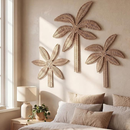 Novabright 3 Pcs Palm Tree Rattan Wall Decoration Set, Tropical Beach Themed Wall Outdoor Beach Decoration, Tropical Modern Coastal Tree Sculpture, Suitable for Both Indoor and Outdoor Nursery Use