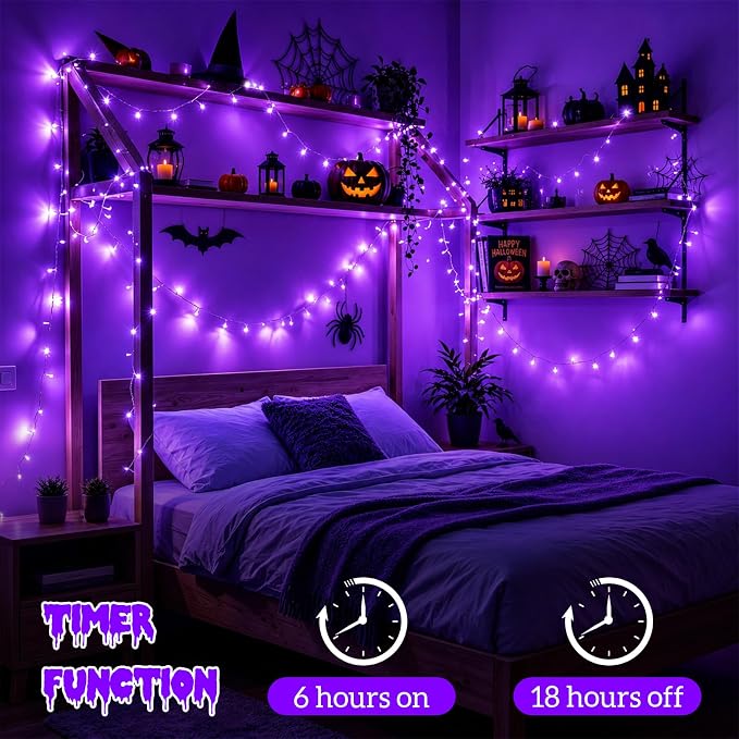 YEGUO Battery Operated String Lights, 2 Pack Each 33ft 100 LED Twinkle Fairy Lights Outdoor Waterproof, 8 Modes Clear Wire Purple Christmas Lights Indoor with Remote