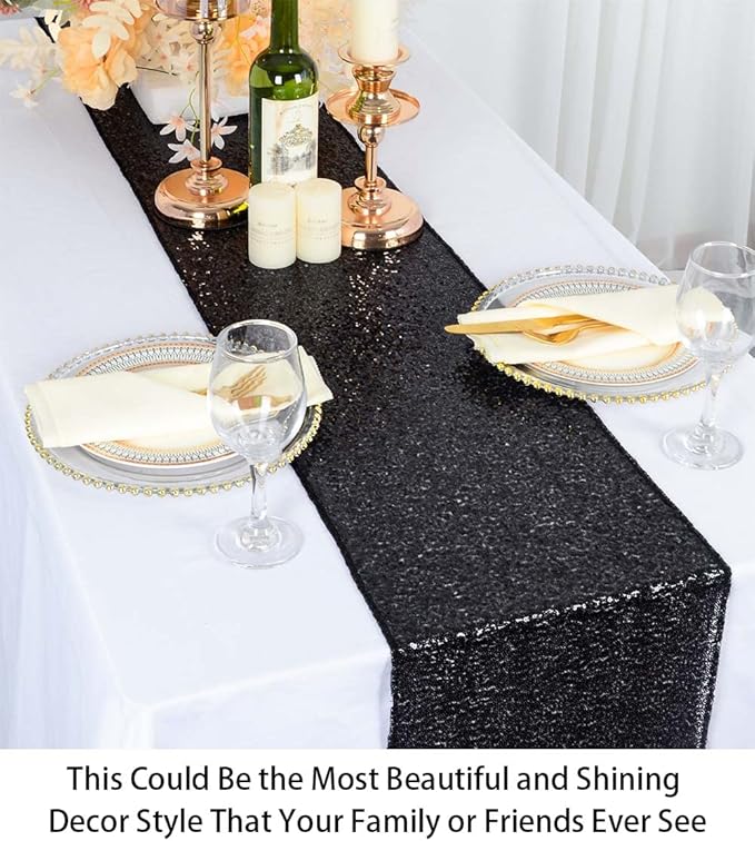 ShinyBeauty Sequin Table Runners 5 Pack 12x108 Inch, Elegant Sparkling Party Decor for Wedding & Baby Shower, Home Dining Table Decorations (Black)