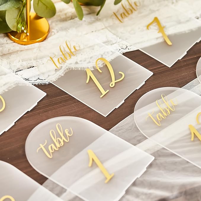 SHINVALE Arch Acrylic Wedding Table Numbers with Gold Foil Font – Frosted Finish, Elegant Modern Design with Stands, Easy Assembly Table Signs for Weddings, Parties & Events (20, 5" x 7")