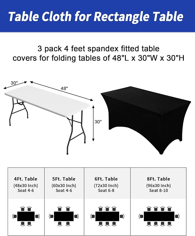 Fixwal 3 Pack Black Tablecloth Rectangle 4Ft, Stretch Spandex Fitted Table Cover for Party, Trade Show, Wedding, Buffet, Graduation, Vendor Stand