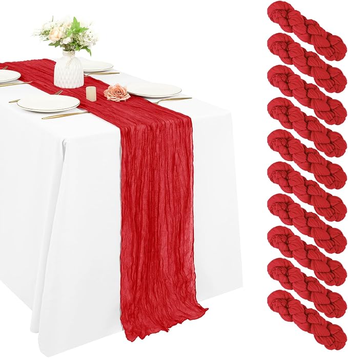 10 Pack Cheesecloth Table Runner 17 x 108 inch Long Boho Gauze Table Runners Semi Sheer Table Runner for Wedding Decor, Baby Shower, Birthday Party, Banquet (Red)