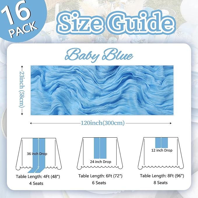 16 Pack Baby Blue Cheesecloth Table Runner 10ft Boho Gauze Fabric 120 Inch Cheese Cloth Table Runner Rustic Sheer for Holiday Baby Shower Party Décor Home Wedding Decoration