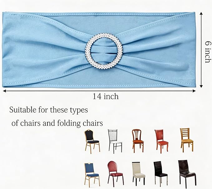 Pack of 50 Stretch Baby Blue Chair Sashes for Wedding, Elastic Chair Bands with Buckle Slider, Spandex Chairs Bows for Party, Without White Chairs Covers (Baby Blue)