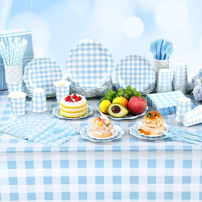 Funnymoom 452 Pcs Blue Gingham Party Supplies for 50 Guests Include White and Blue Checkered Paper Plates Napkins Cups Tablecloth Cutlery Straws for Birthday Baby Shower Wedding Party Decorations