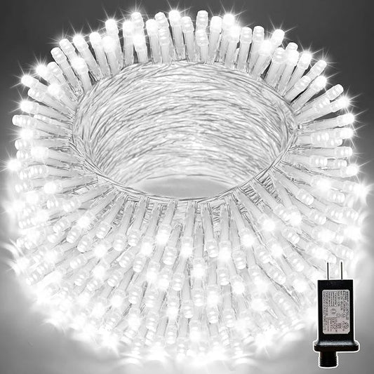 LAMPHOME 99ft Christmas Decorative Mini Lights, 300 LED Transparent Wire Fairy Starry String Lights Plug in, 16Lighting Modes for Indoor Outdoor Xmas Tree Wedding Party Decoration (White)