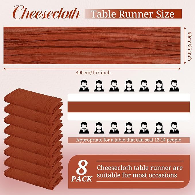 8 Pack Cheesecloth Table Runner 13Ft Boho Gauze Table Runner 35×157 Inch Rustic Romantic Long Table Runner for Wedding Party Bridal Shower Thanksgiving Christmas Decoration(Terracotta)