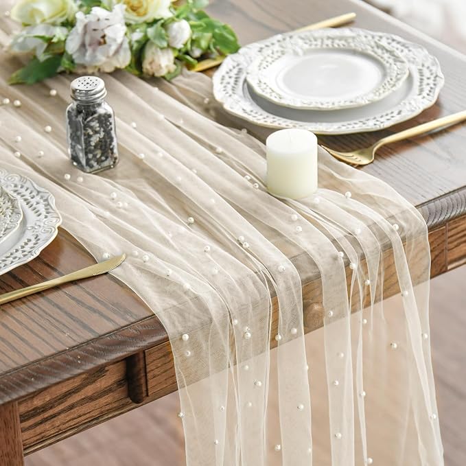 Artoid Mode 10PCS Pearl Beige Gauze Table Runner 120 Inch 10FT, Seasonal Sheer Dining Holiday Wedding Birthday Baby Shower Table Decor for Home Party
