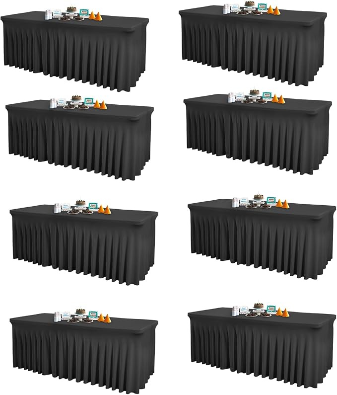 Shillance 8 Packs Black Spandex Table Covers 8 Foot, Fitted Stretch Table Cloth with Skirts 96x30 Inch, Wrinkle-Free Floor Length Rectangle Tablecloths for Weddings Parties Banquets Events